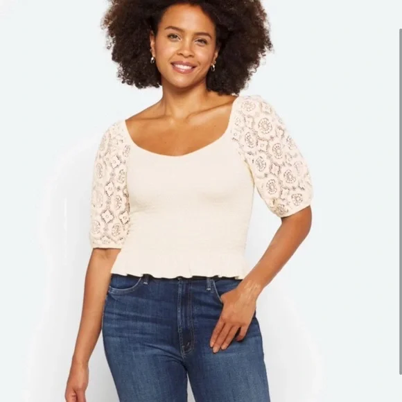 Mason & Belle Smocked Crochet Cap Sleeve Peplum Ruffle Hem Top in Ivory, Large - Picture 3 of 10